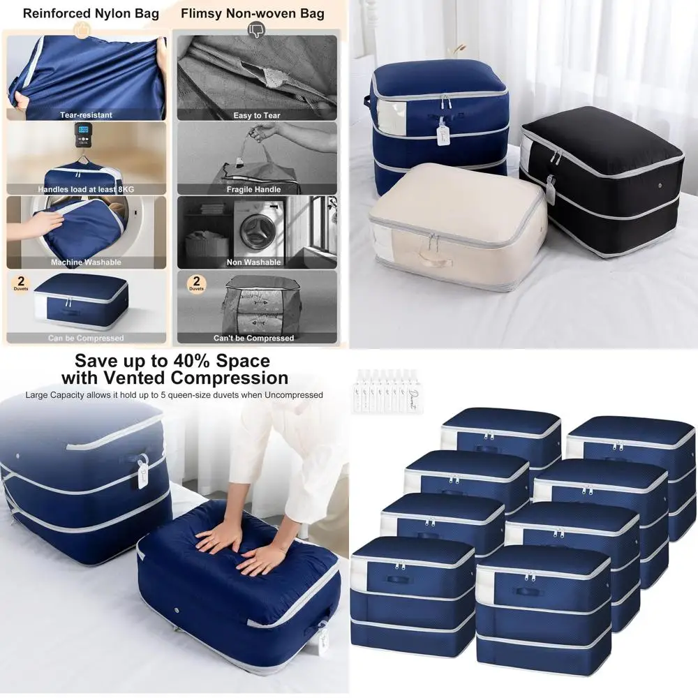 

Large Capacity 3-Layer Self-Compression Storage Bags for Blankets and Comforters, 8-Pack, Navy Blue