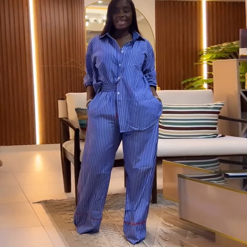 2025 Summer New Women's Two Piece Fashion Striped Buckle Long Sleeve Shirt Wide Leg Pants Casual Set