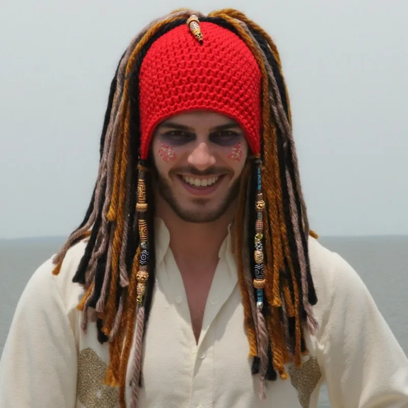 Pirate Crochet Wig Hat Knitted Dreadlock Beaded Tassel Pirate Cap Dress Up Cosplay Themed Party Music Festival Costume Headpiece