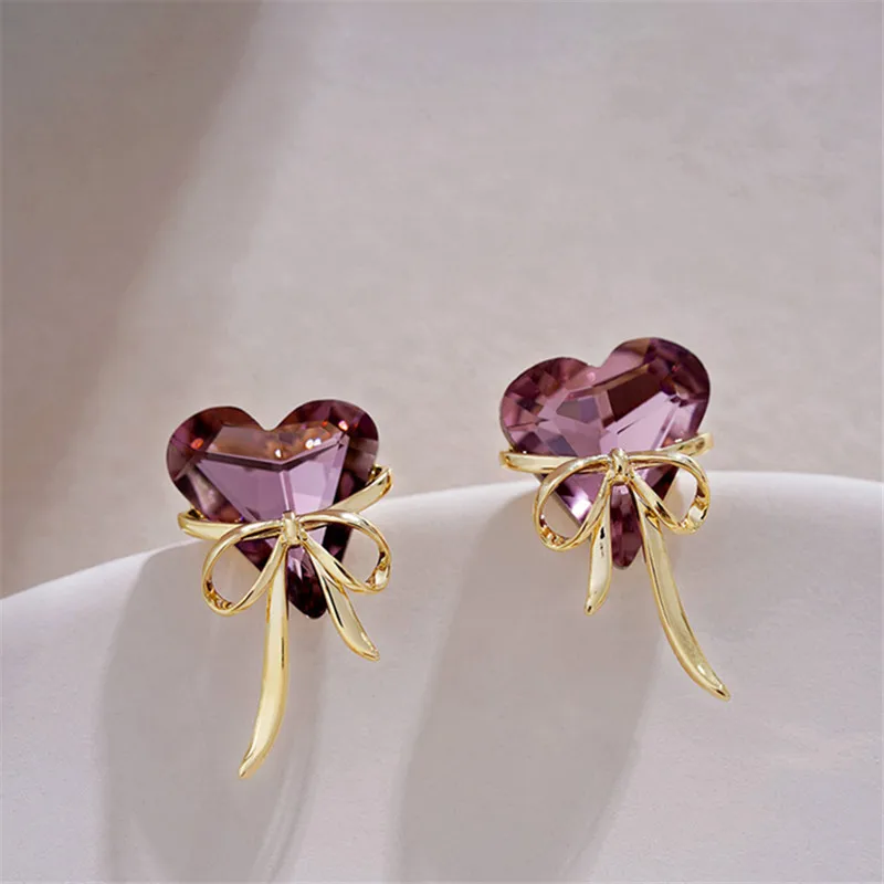 New Fashion Trend Unique Design Elegant Exquisite Purple Crystal Heart Butterfly Stud Earrings Women Jewelry Party Premium Gift