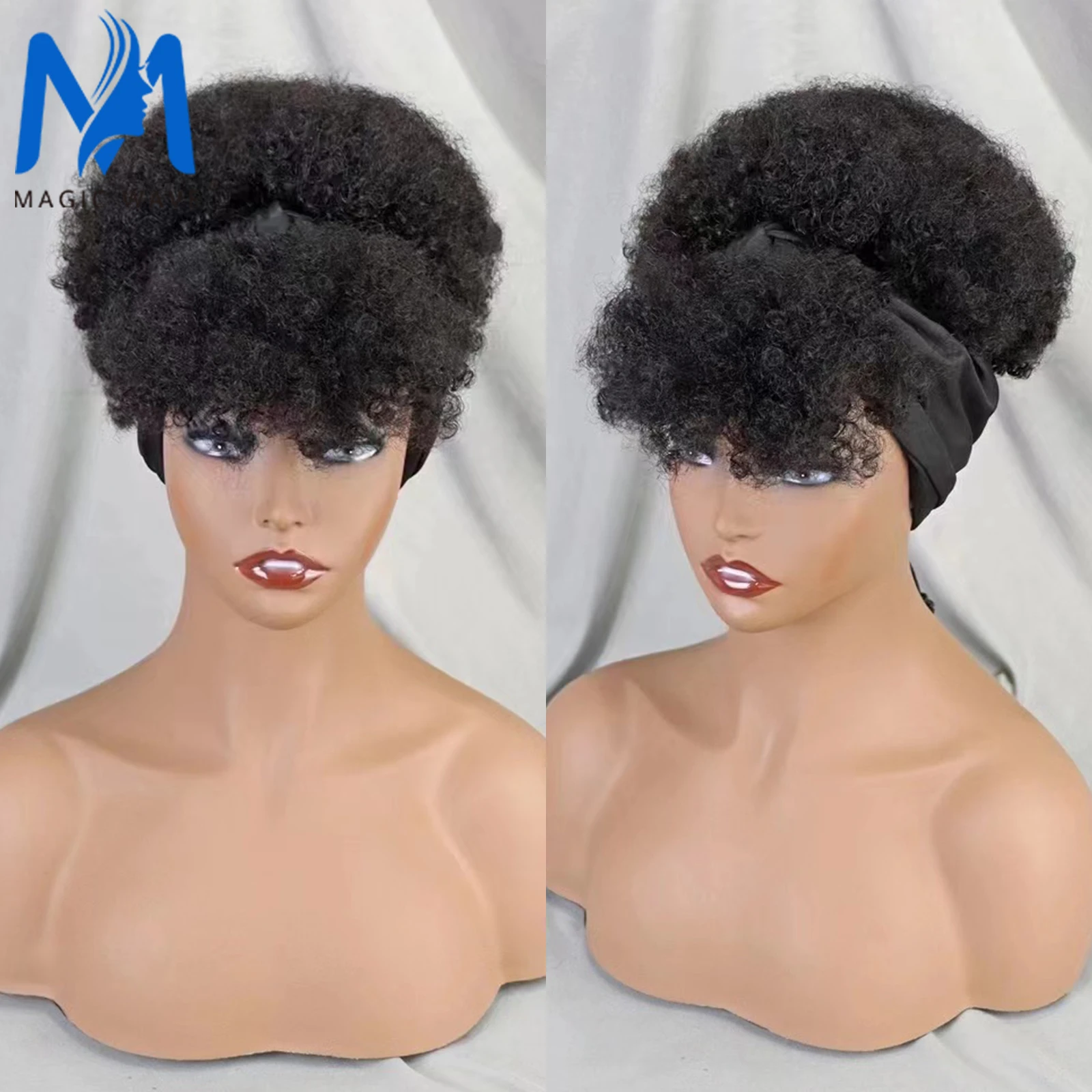 

Natural Black Afro Kinky Curly Human Hair Wigs Short Headband Wig Full Machine Made Wig Scarf Wig with Bangs for Black Women