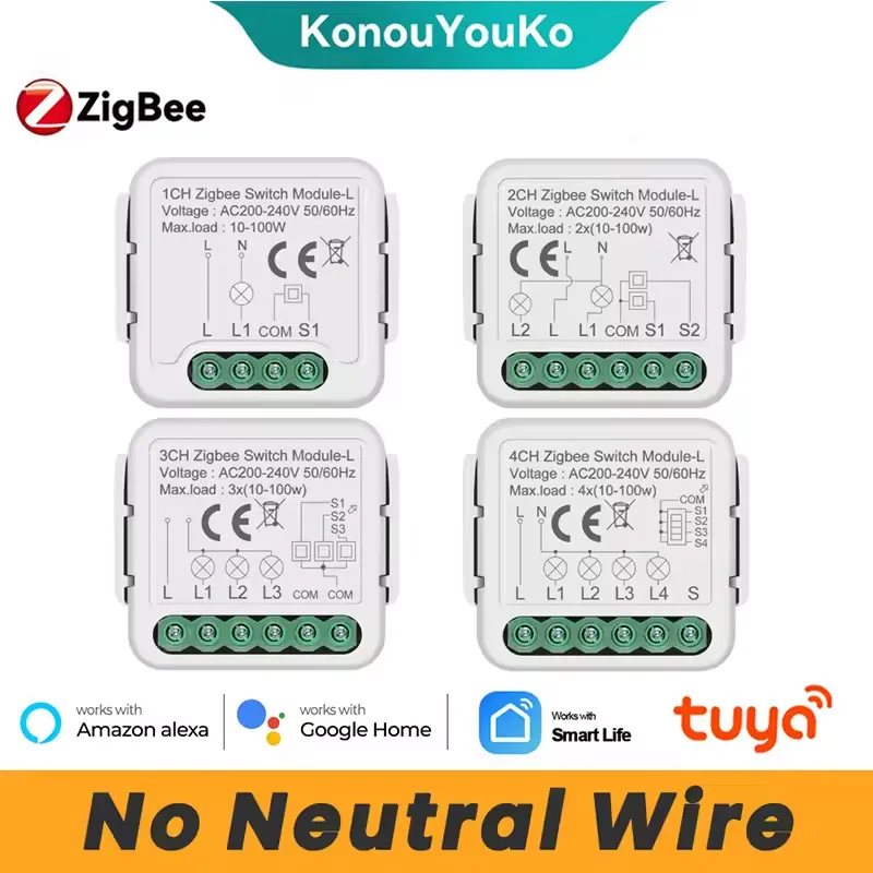 Tuya Zigbee Smart Mini Switch Module Relay No Neutral Wire 2 Way Control 1 2 3 4 Gang works with Alexa Google Home Zigbee2mqtt
