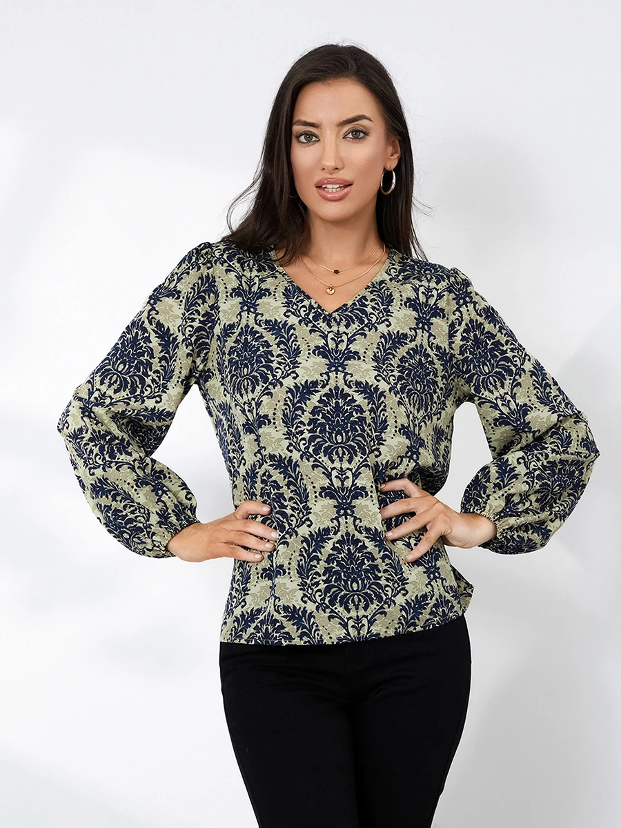 Blusa con estampado de plantas para mujer, camiseta de manga larga con cuello en V, blusa de estilo étnico Retro, ropa informal de primavera y otoño