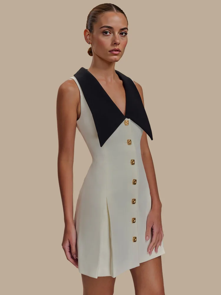 Blifanbo Mini abito elegante con fibbia in metallo per donna senza maniche a vita alta Slim patchwork pieghettato con cerniera A-line Club Party Dress