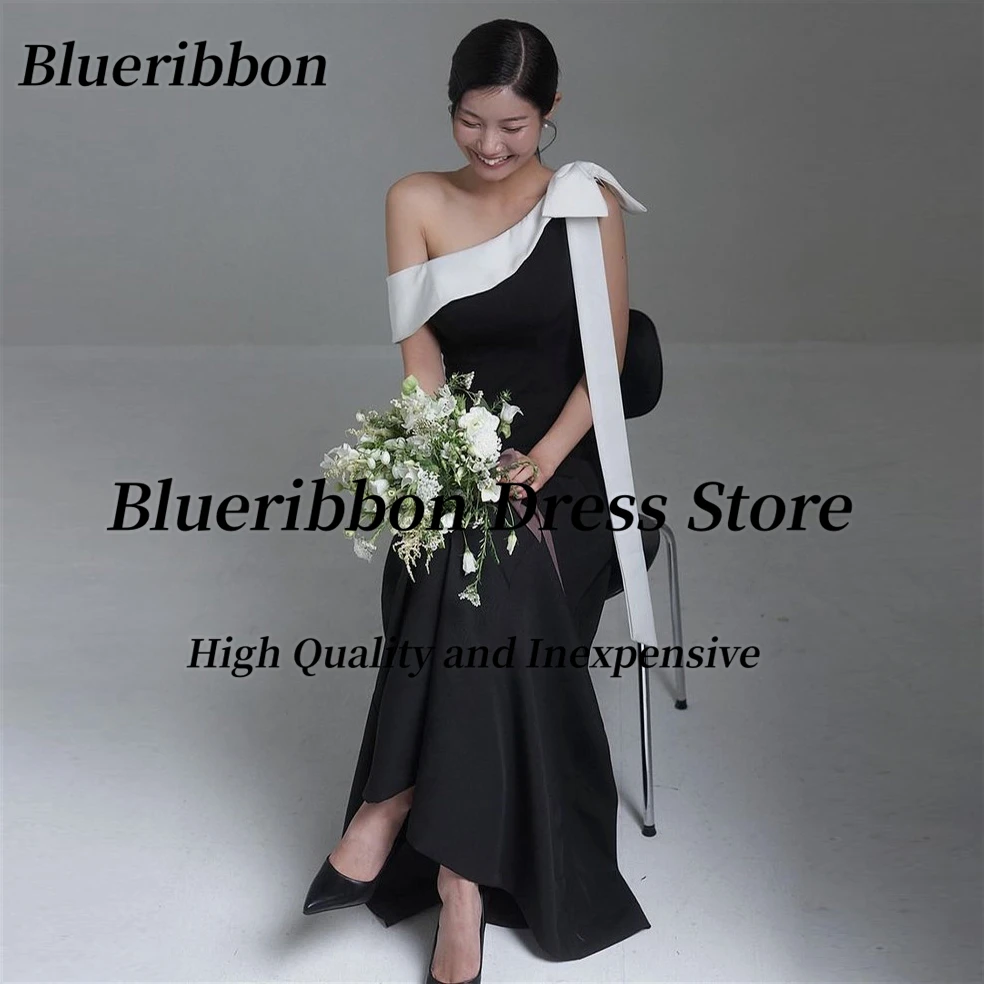 Blueribbon Black Prom Dresses One Shoulder Contrast Color Bow Photographic Studio Shooting Long Satin A Line 프롬드레스