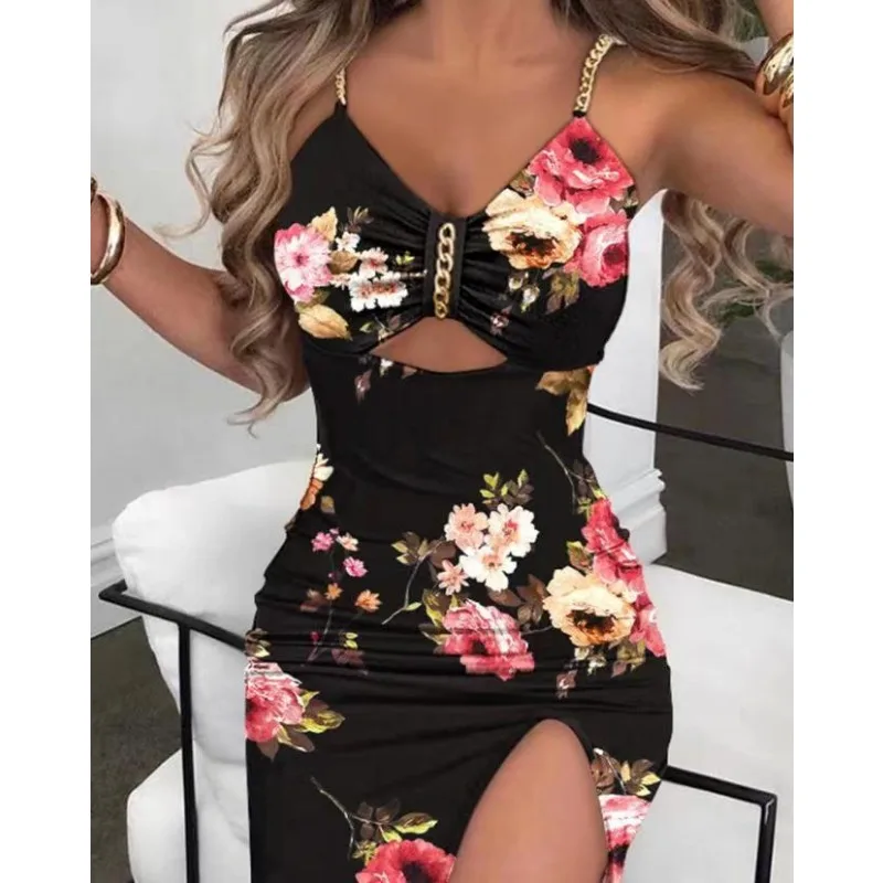 2024 Summer New Women's Sexy Chain Shoulder Strap Split Printed Sling Dress Female Fashion Skinny Hollow Out A-line Dresses