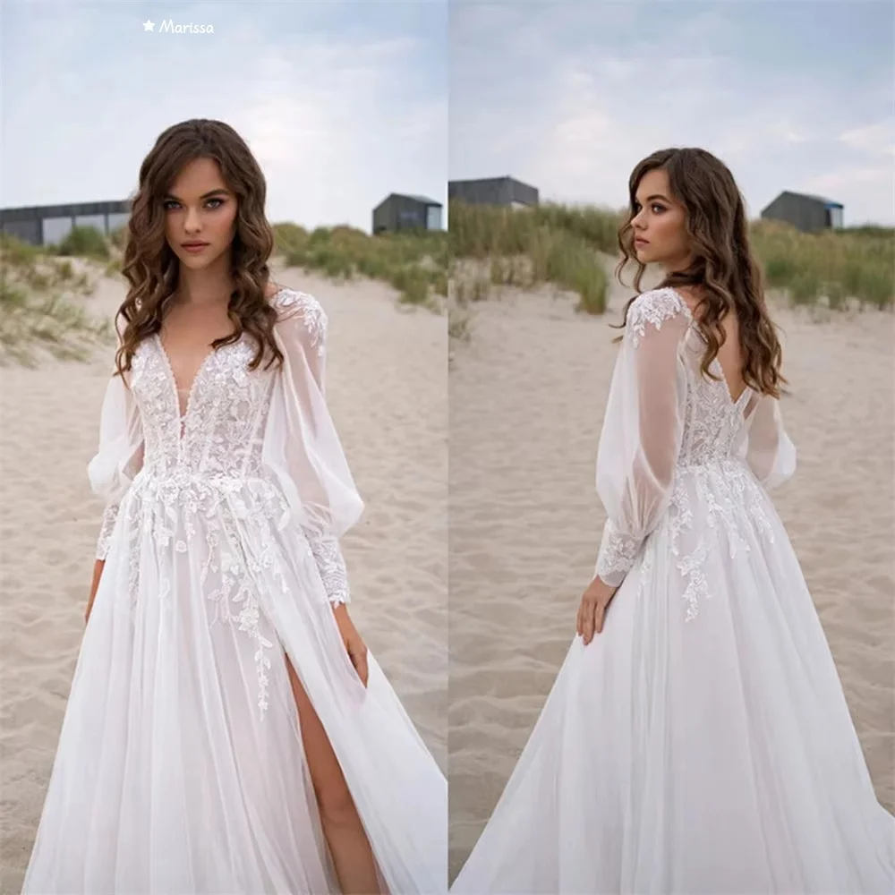 Marissa a linha de tule elegante vestidos de festa para casamento mulher rendas flores feito sob encomenda vestido de baile com decote em v mangas compridas vestidos de baile