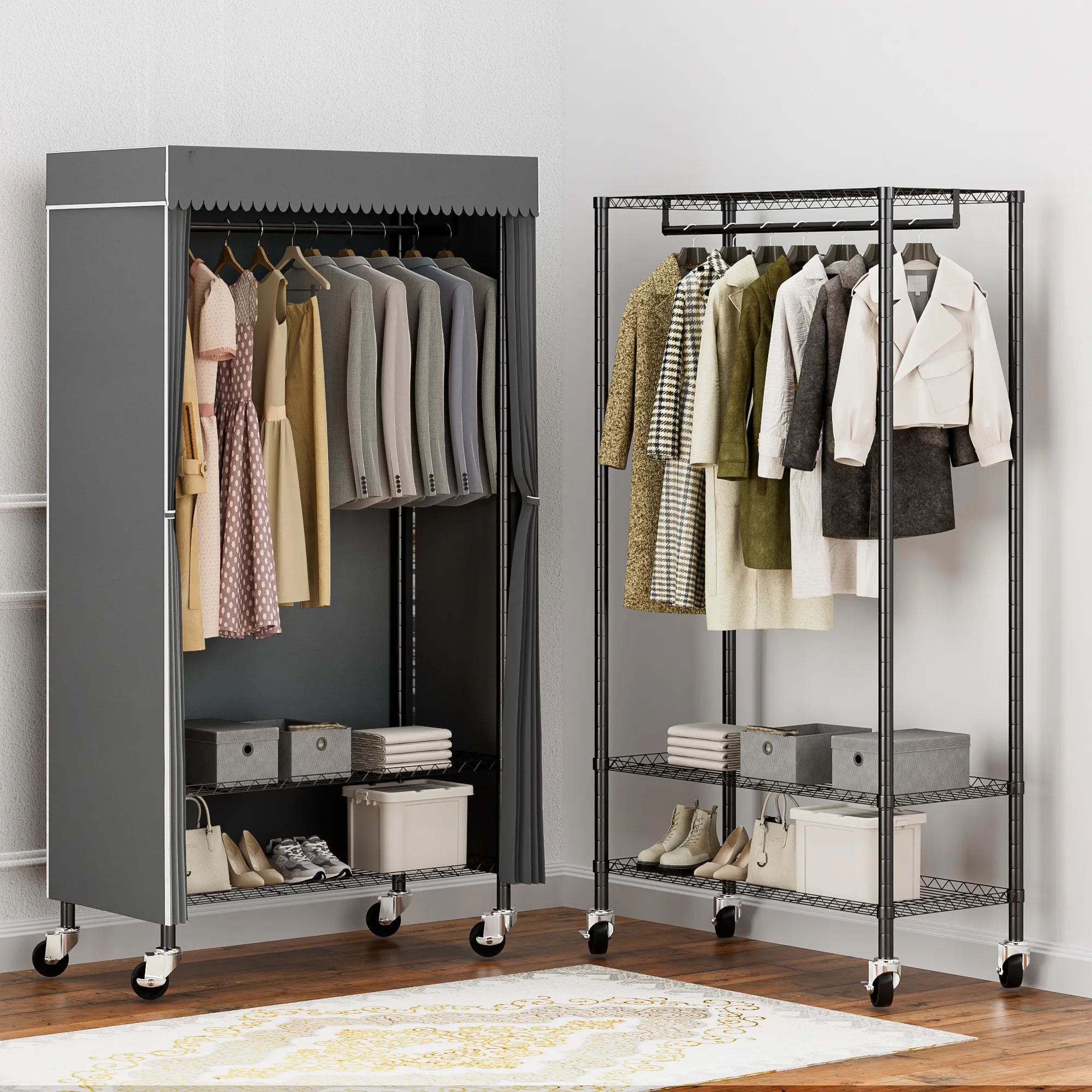 Portable Wardrobe Clothes Closet Storage Organizer DIY Coat Rack Non-woven Fabric With Wheels 90*43.5*180cm for Bedroom