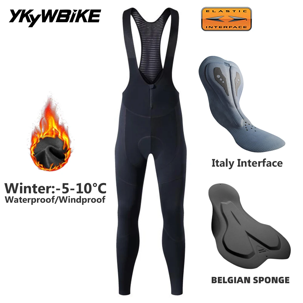 YKYWBIKE Men\'s Cycling Bib Tights 0°C Winter Thermal Fleece Bicycling Long Bibs Waterproof Windproof Road Bike Bib Pant Clothing