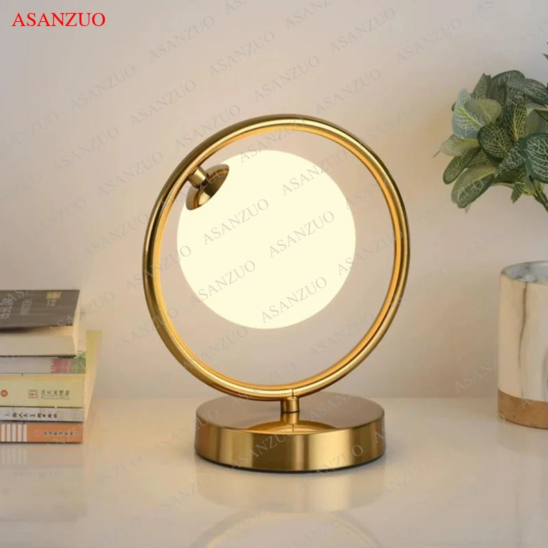 Brass LED Table Lamps galss lighting fixtures Bedside Reading Desk Lamp Bedroom Hotel Home Decor Round Ring Standing lamp