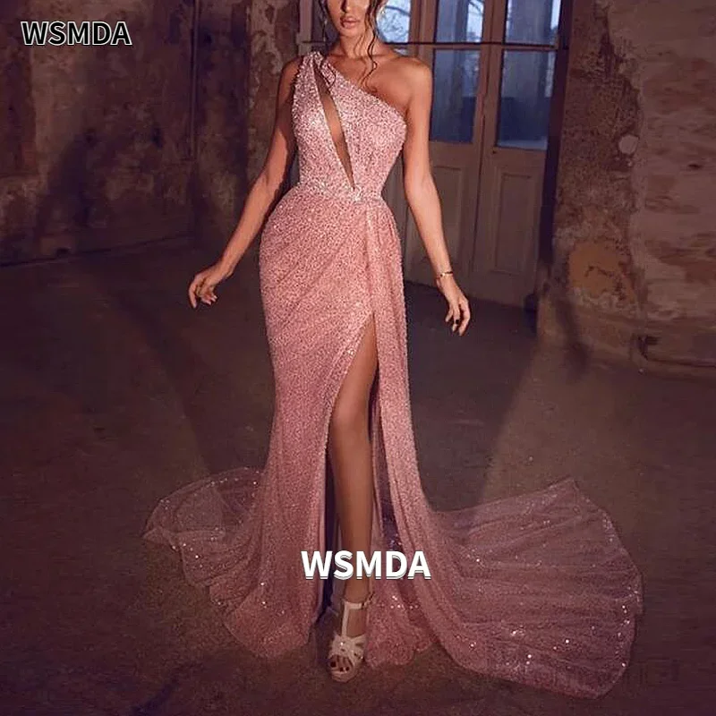 

Sparkly Glitter Sequin Prom Dresses One Shoulder Pink Beads Mermaid Evening Gowns Vestido De Fiesta Formal Party Dress 2022