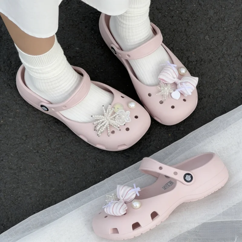8PCS Pearl Pink Ballet Shoes Shoe Charms for Clogs Beaded DIY Removable Buckle Ins Style Fabric Bow Cute Decor Party Gifts