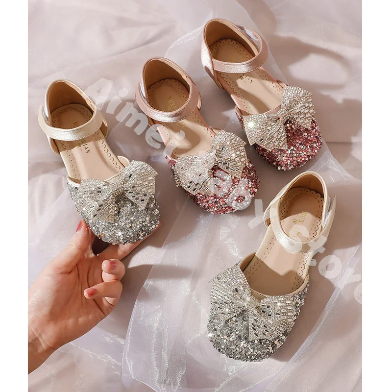 Sandales à paillettes avec nœud en biscuits pour filles, chaussures de princesse pour enfants, chaussures de performance pour enfants, Baotou creux,