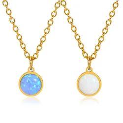 Stainless Steel Full Light Synthetic Opal Stone Round Pendant Necklace,Fashion Jewelry Chain Necklaces Gift To Her For Christmas