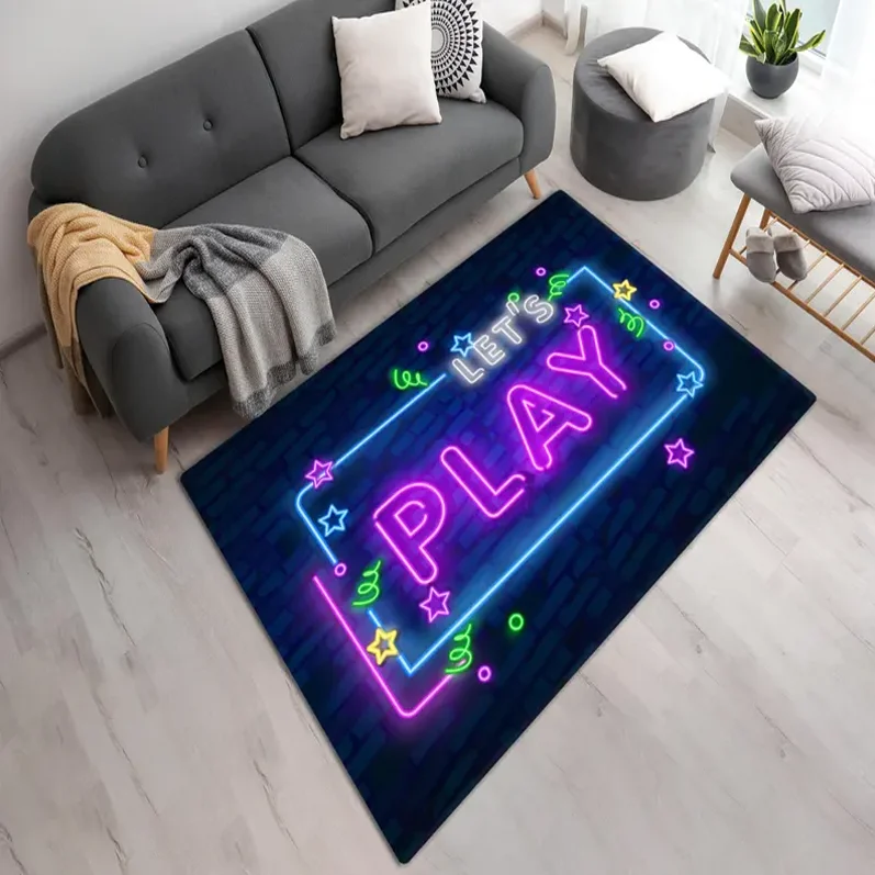 Lebhafter Neon-Gamer-Teppich „Let's Play“ Dunkelblauer Gaming-Raumteppich, Gaming-Raumdekoration, Matte, Videospiel-Liebhaber, cooler Gamer-Zone-Teppich