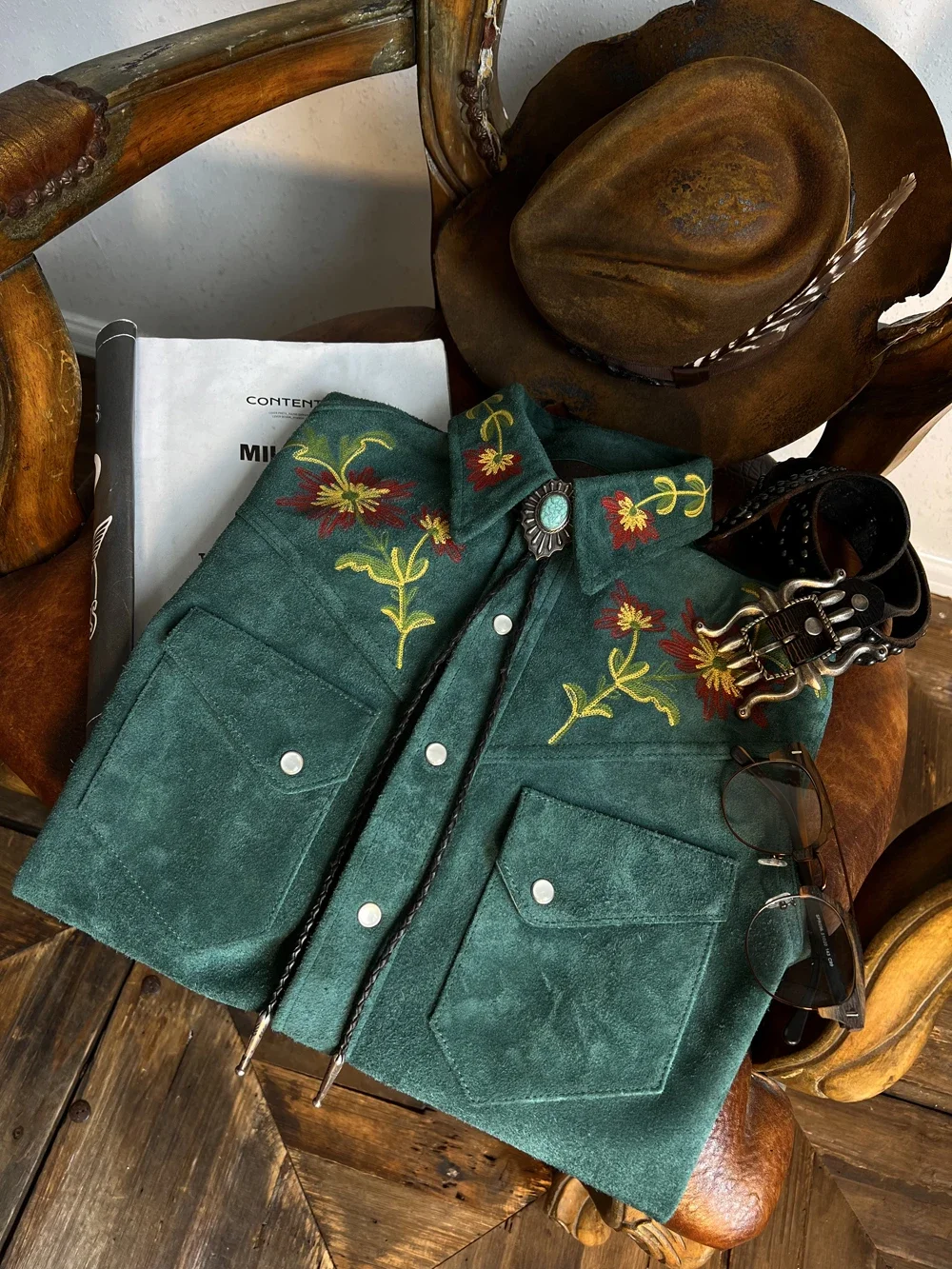 

Tailor Brando Musician Cow Suede Western Style RR* Embroidered Floral Personalized Lapel Vintage Shirt