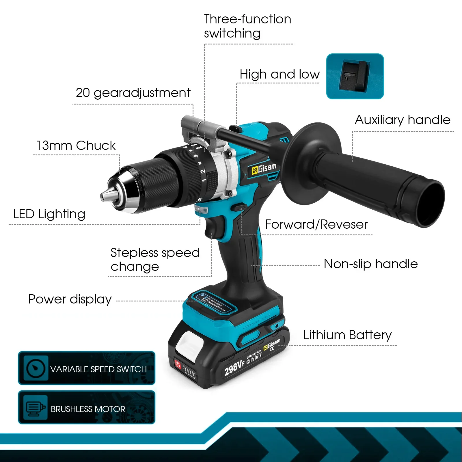 Gisam Powerful Electric Impact Drill Screwdriver 13mm Chuck Brushless Battery Impact Hammer Drill For Makita 18V Battery Pins