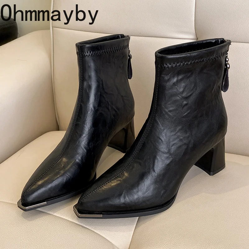 Botines de mujer con punta afilada, tacón grueso y plataforma, cierre trasero con cremallera, puntera metálica, hechos de cuero, elegantes, ideales para fiestas, la oficina, de corte ajustado y de caña corta.