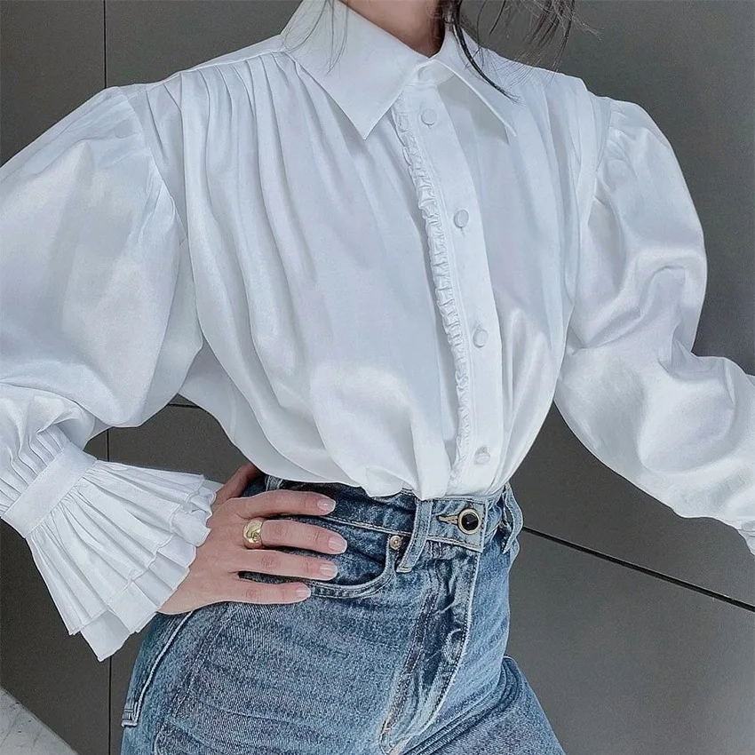 Autumn Blouse Women Uveniles Shirt Long Sleeve Women Youth Women's Blouses Double Layered Flounce Design White Office Lady Tops