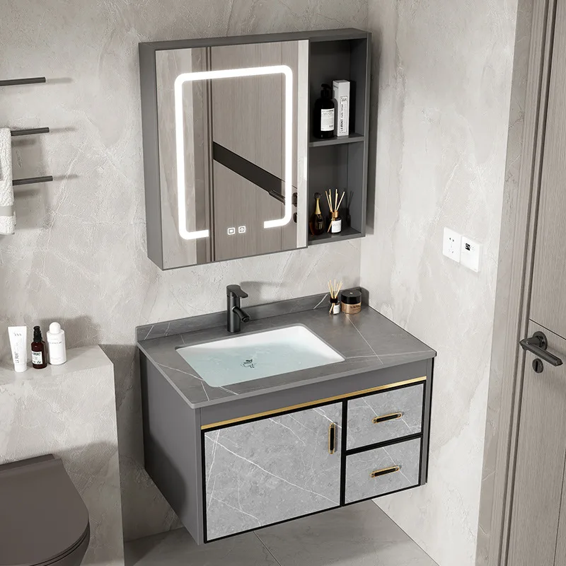 

Aluminum alloy bathroom cabinet combination bathroom rock slab integrated wash basin wall-mounted washbasin washbasin sink