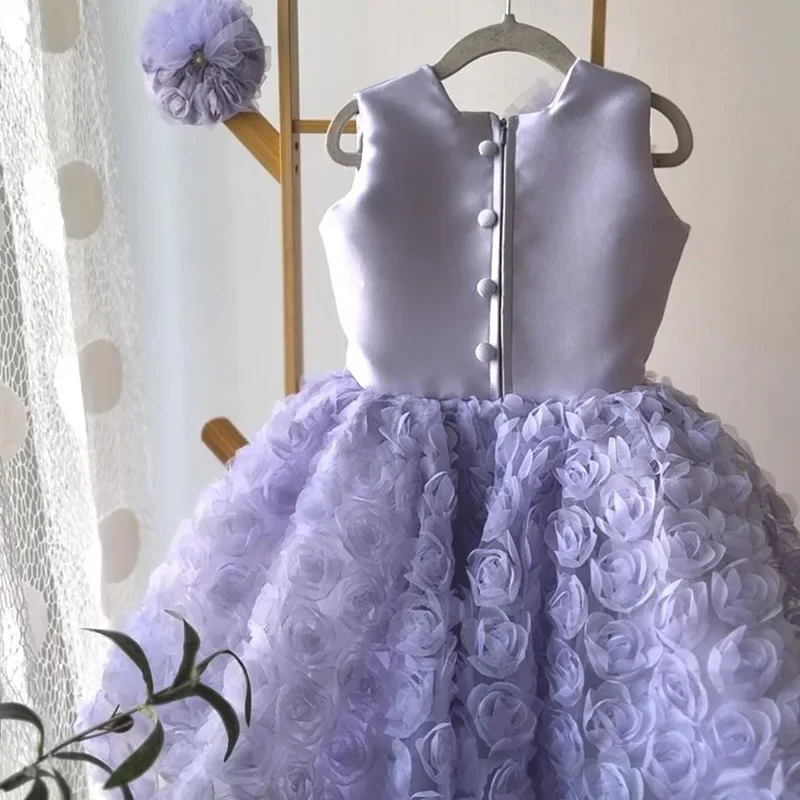 Vestidos personalizados con cuello redondo y diseño de flores sin mangas para niñas, Vestidos elegantes para fiesta de cumpleaños para niños, vestido de princesa plisado