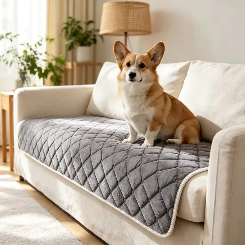 Thickened Short Plush Quilted Sofa Cover, Non-Slip Pet Friendly Couch Protector for Dogs Cats Living Room 1pc