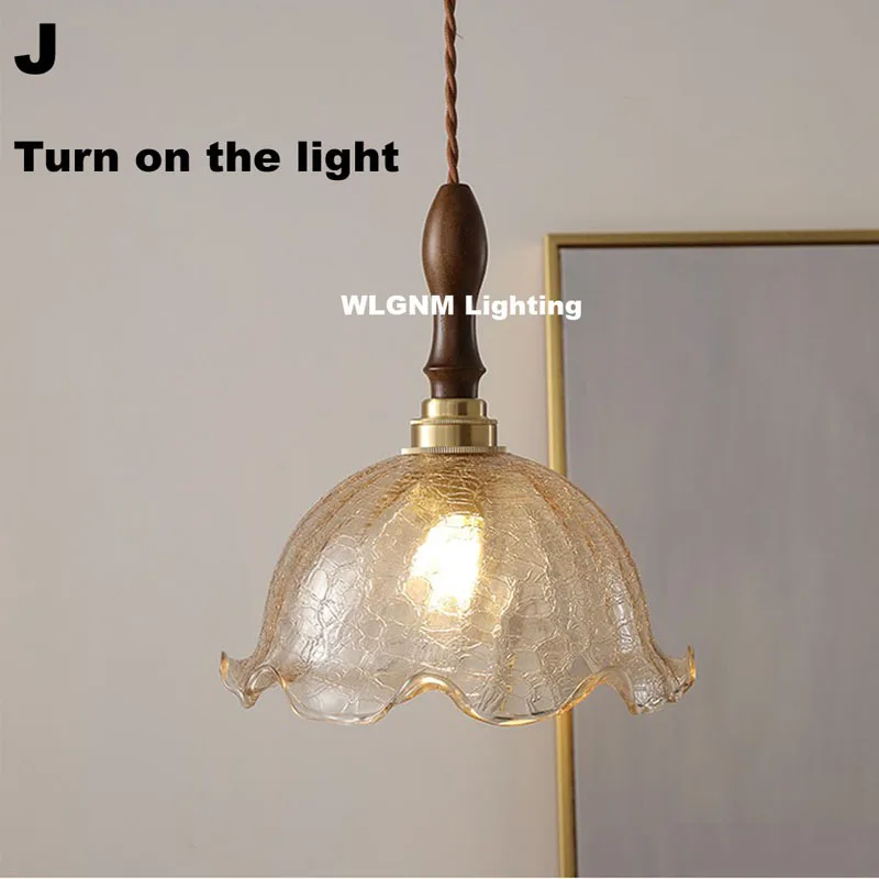 Nordic Wooden Glass Pendant Lights Vintage Chandeliers Bedroom Living Room Dining Room Copper  Lamp Japanese Hanglamp Luminaria