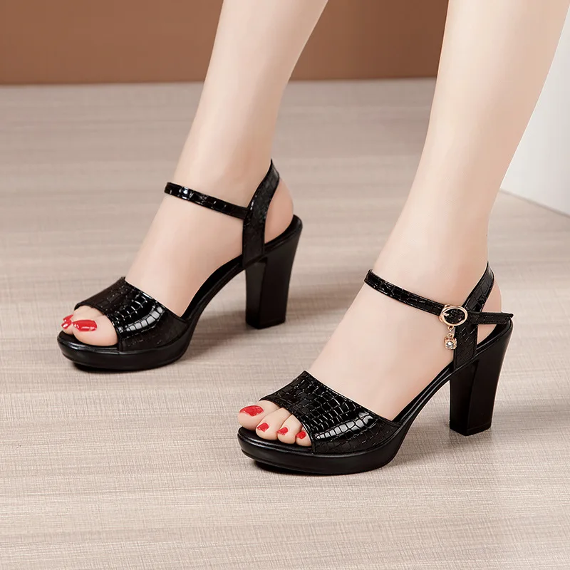 High quality summer leather sandals for women 8cm high heel new 2024 size 32 33 42 43 platform open toe elegant shoe black white