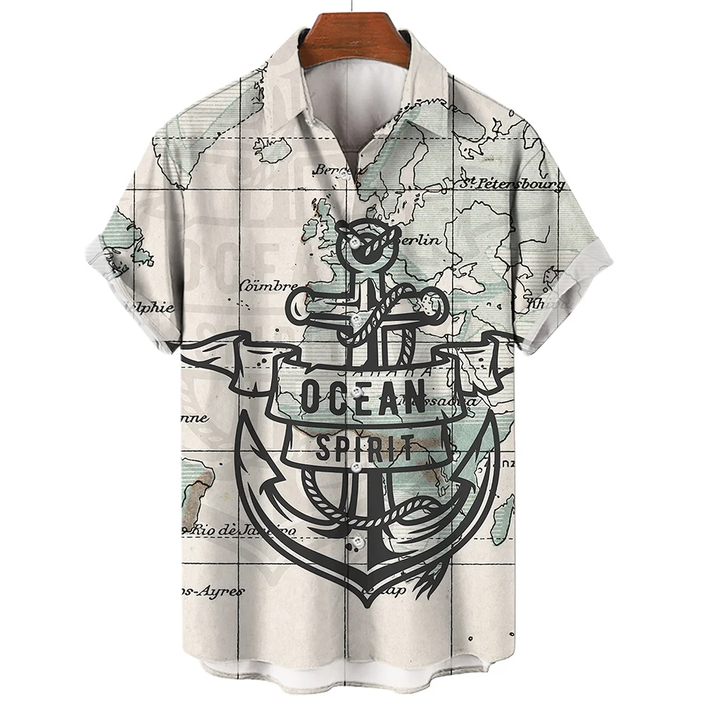 2023 Sailing Compass Men'S Shirts Summer Fashion Short Sleeve Hawaiian Shirts Man Vintage Street Shirt For Men Top Male Clothes