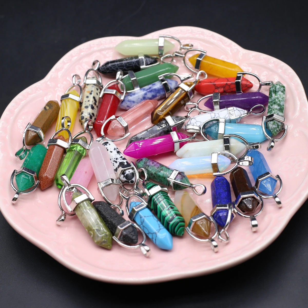 Wholesale Natural Gem Stone Quartz Pendant Crystal Turquoise Hexagonal Pendulum Charm for DIY Jewelry Making Necklaces 12pcs