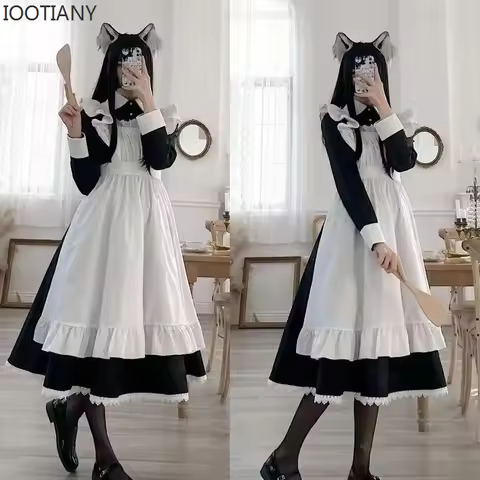 Women's Classic Lolita Maid Dress Vintage Inspired Women's Outfits Cosplay Anime Girl Black Long Sleeve Cos Maid Costume S-3XL