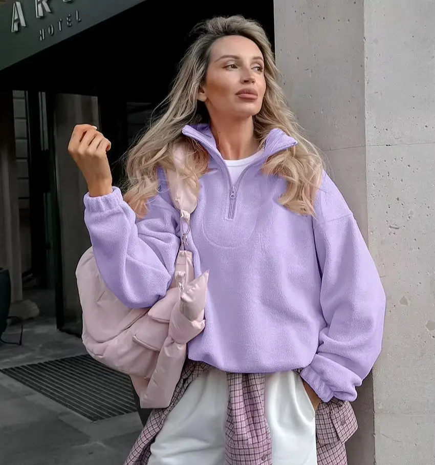 

WXOY Women Soft Fleece Sweatshirt Loose Fit Half Zip Pullover Top Comfort Wear Chic Style Relaxed Winter Casual Look