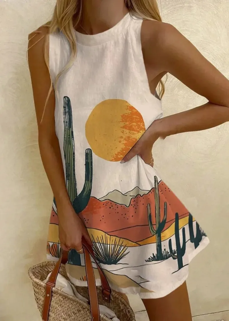 KIDCRKJ Damen Bohemian Ärmelloses Sommerkleid mit Aufdruck, lässig, locker, O-Ausschnitt, Minikleid, Urlaub, Party, Strand, A-Linien-Rock, Vestidos – Detail 38