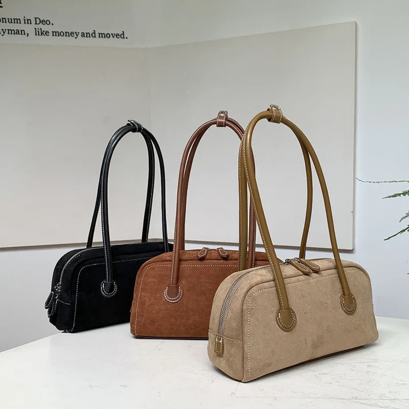 Autumn suede stick bag with simple leather splicing design, underarm bag, women's plush fashionable versatile shoulder bag