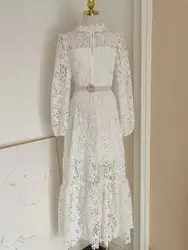 2025 Summer Autumn Elegant Flower Embroidery White Lace Long Dress Women Crystal Pearls Belt Prom Evening Party Midi Vestidos