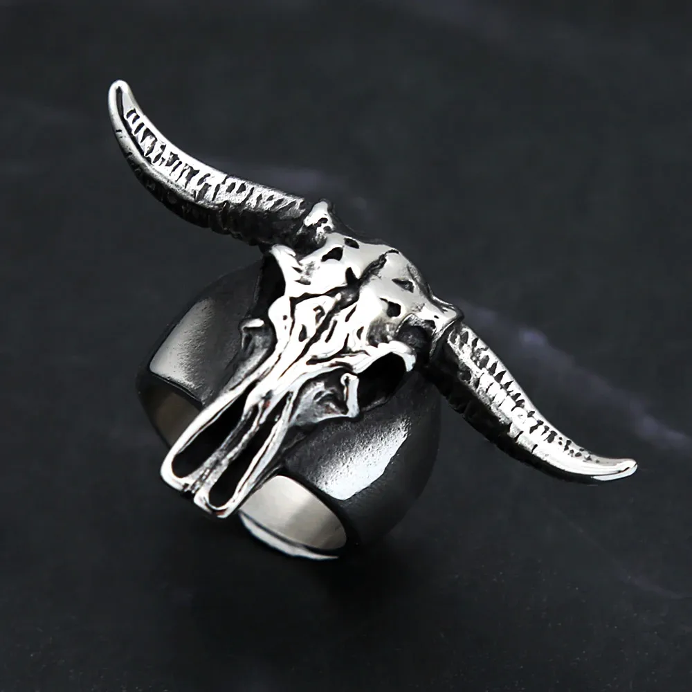 Vintage Retro Goat Skull Men Ring Stainless Steel Punk Biker Animal Head Ring Satanic Gothic Party Fashion Jewelry Gift