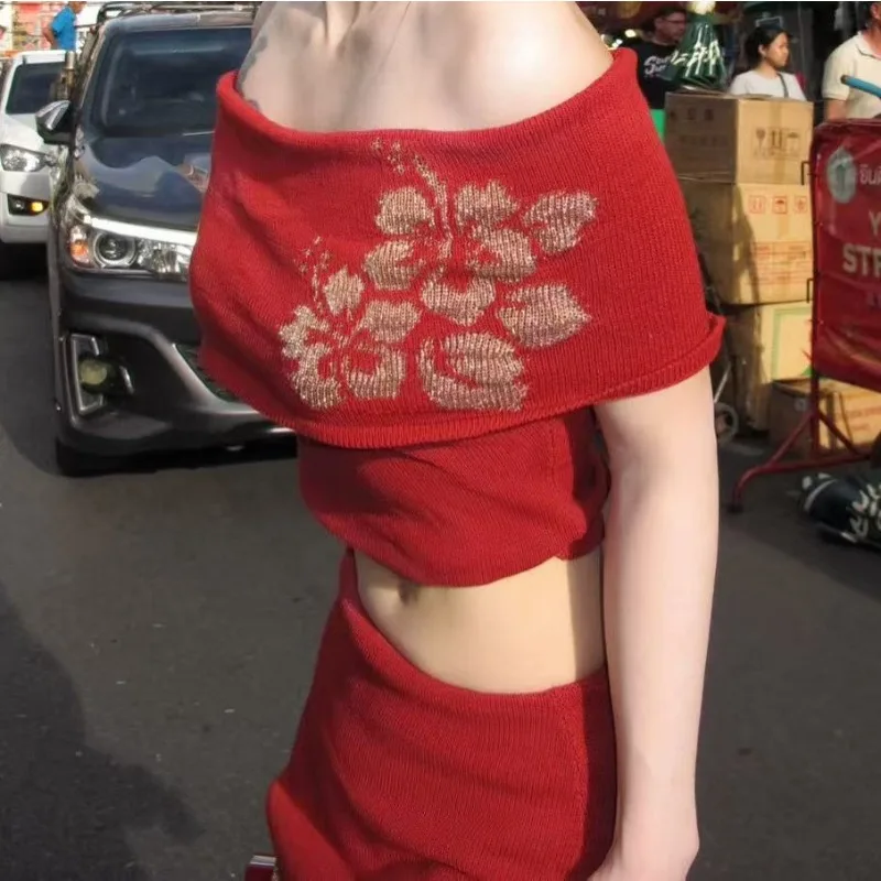 Japanese Millennium Fusang Flower Jacquard Pattern One Shoulder Sleeveless Knitted Top Retro Waist Half Skirt Fashion Chic 2pcs