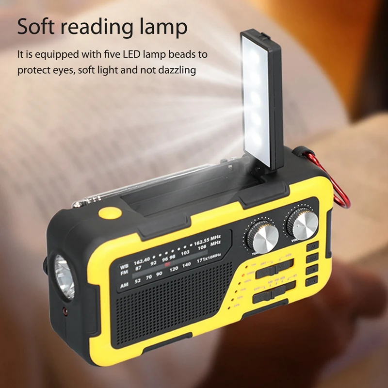 USB Hand Crank Emergency Radio Solar Charging Radio Reading Light Yellow 4000Mah 3.5Mm Headphone Jack For Outdoor Backpacking