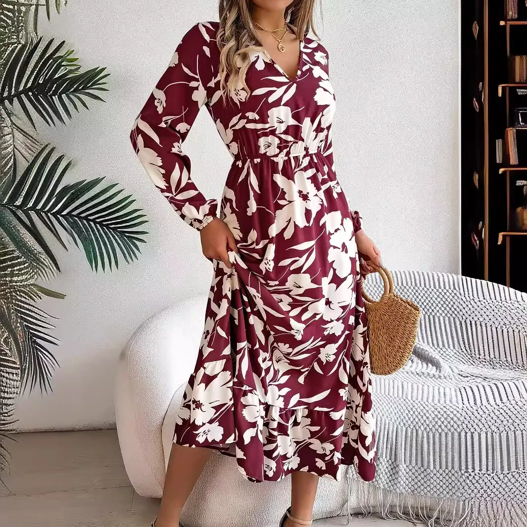 

V Neck Long Sleeve Floral Print Ruffles Maxi Dresses For Women 2024 Summer Sexy Long Sleeve Tunic Beach Party Dress Robe Vestido