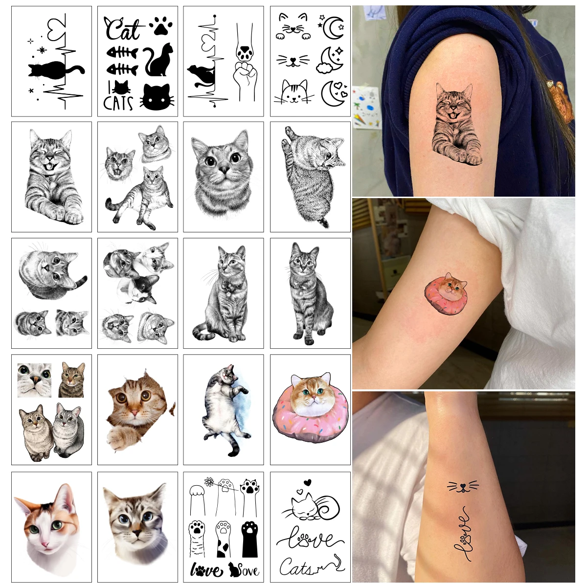 20pcs Cute Cat Series Temporary Tattoo Stickers Arm Wrist Ankle Art DIY Lovely Pet Funny Tattoo Sticker for Men Women Decor