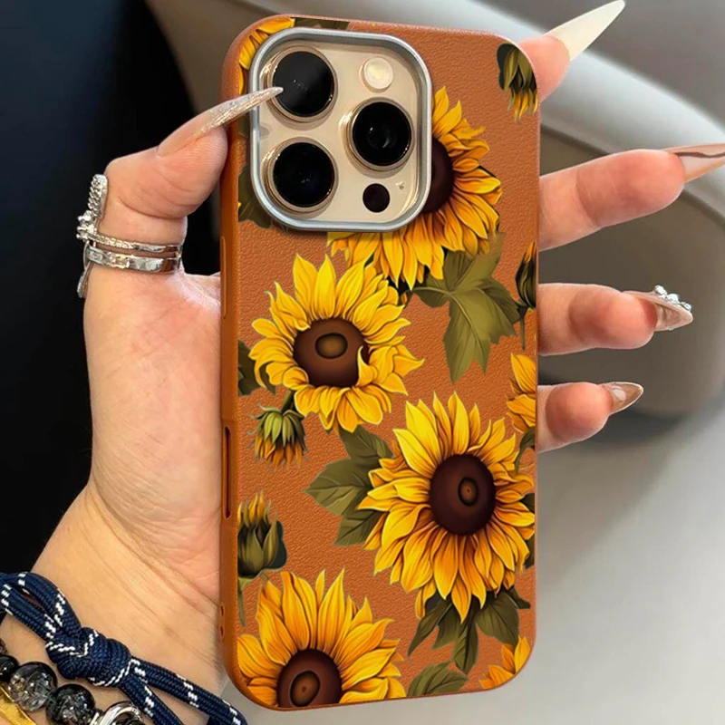 Brown Sunflower Lichee Pattern Case For Samsung Galaxy S26 Ultra S25 S24 S21 S22 Plus S23 A57 A56 A36 A35 A55 A54 A37 FE Cover