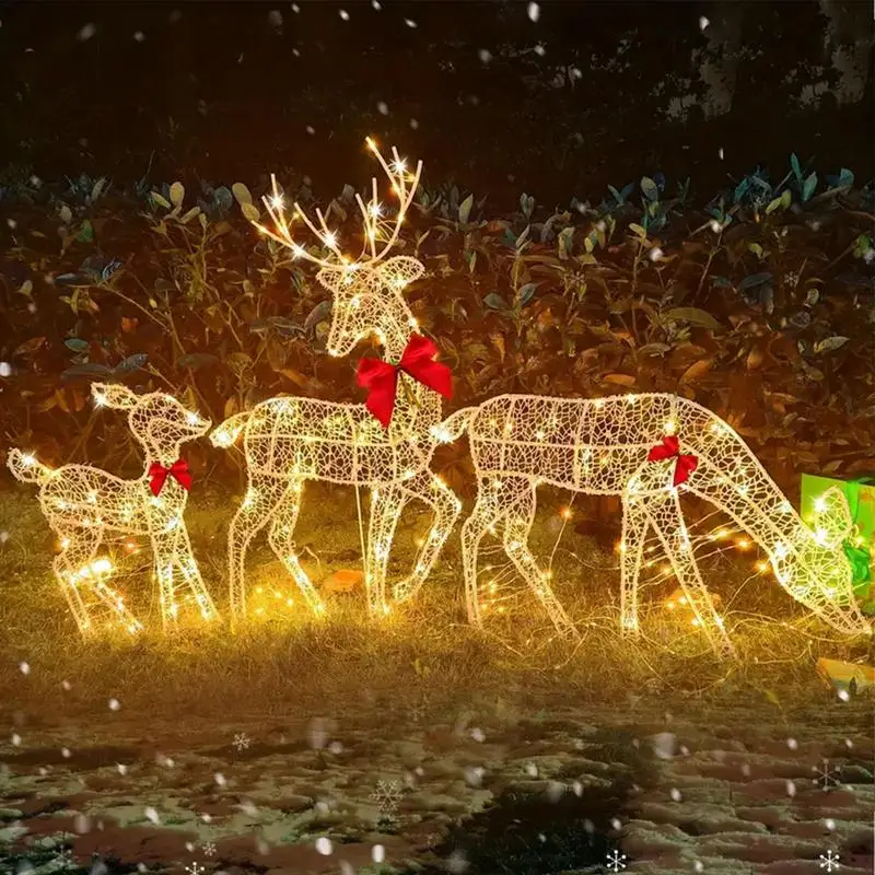 Lighted Deer Christmas Outdoor Decoration Reindeer Family Moose Lighted Holiday Display with Bell Bow Deer Lawn Garden Decor