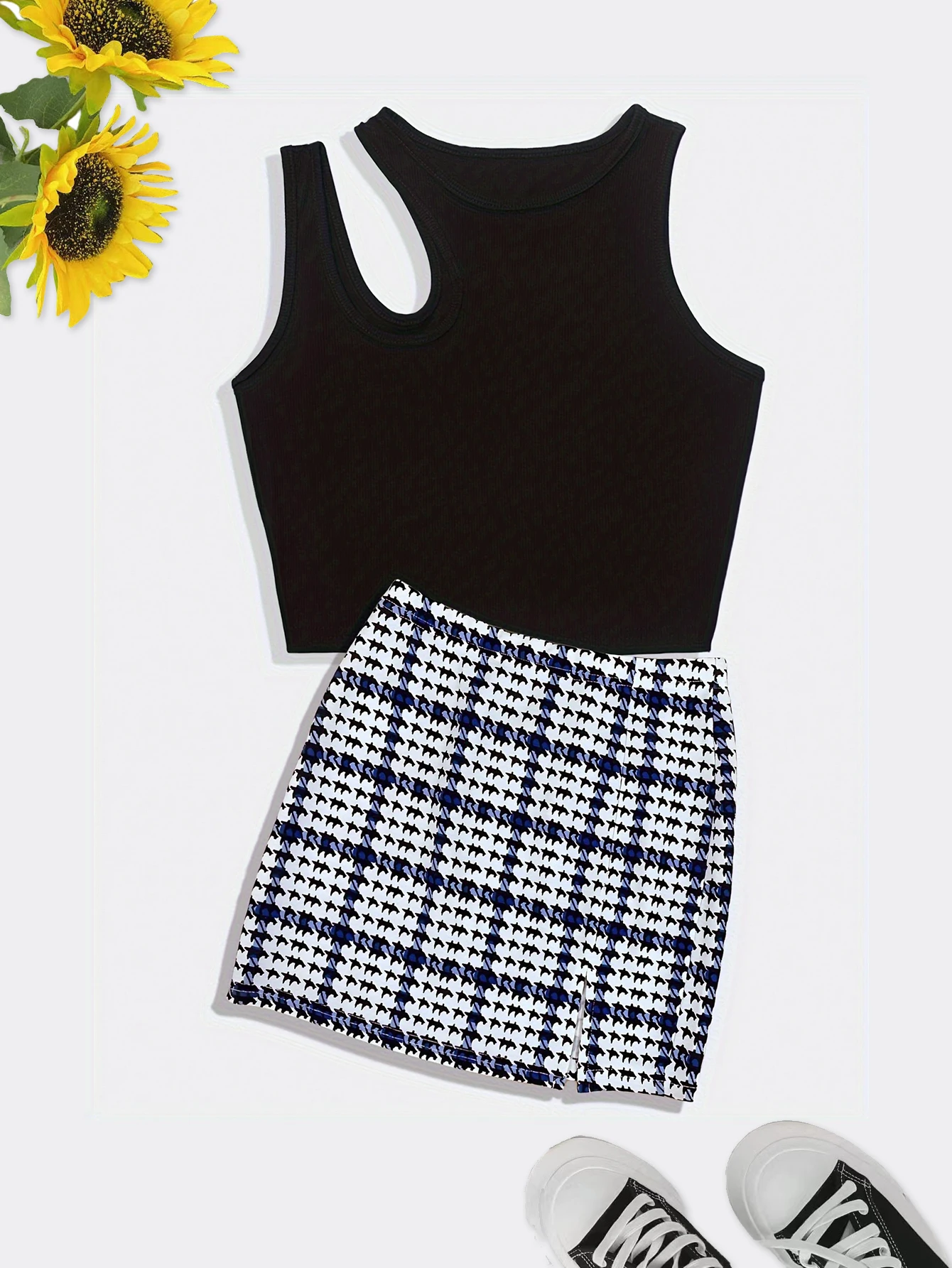 2 Piece Summer Matching Outfits Women Cutout Ribbed Crop Tank Top + Houndstooth Split Mini Skirt Casual Y2K Two Piece Set