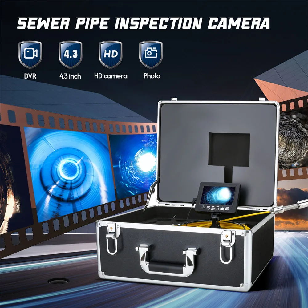 Sewer Pipeline Endoscope 4.3 Inch Monitor DVR IP68 20M Cable Night Vision 17MM 1000TVL 16GB TF Card OEM Sewer Pipe Inspection