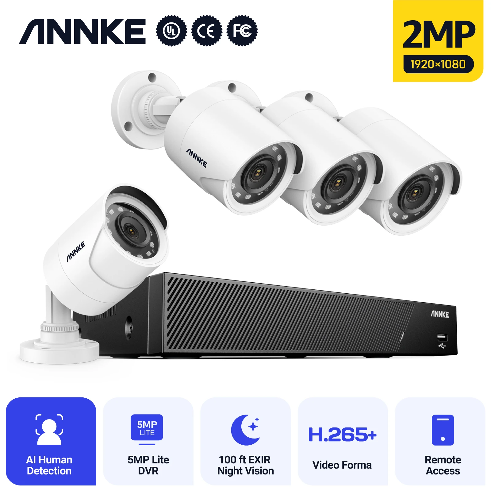 

ANNKE 2MP Security Recording System Cameras CCTV Kit 8CH DVR Indoor Outdoor 4 Cameras Waterproof Human Detection Face Detection