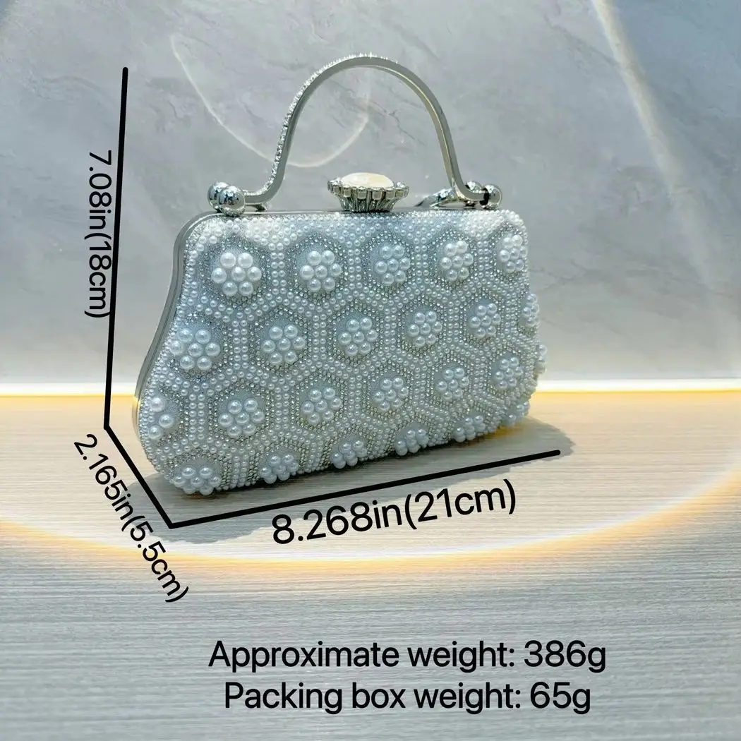 White Beading Tote Bag for Women Elegant Clutch Purse Black Pearl Handbag Wedding Party Prom Bag Vintage Crossbody Bag view 5