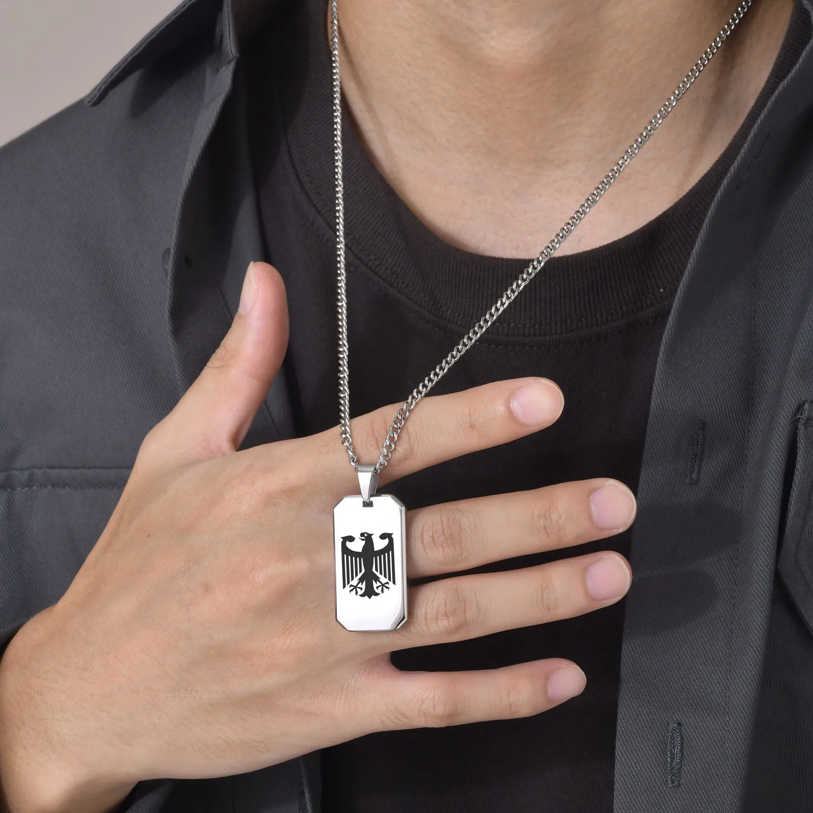 German Eagle Square Neckalces for Men, Stainless Steel Big/Small Dog Tag Pendant Necklace,Trendy Germany Jewelry Gift