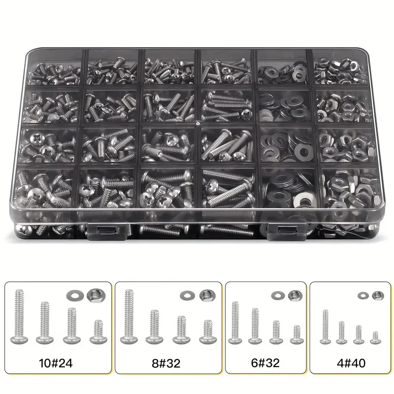 

710pcs Stainless Steel Nuts & Bolts Kit - #4 to #10 Sizes, Phillips Pan Head, Flat Washers Included with Durable Storage Case