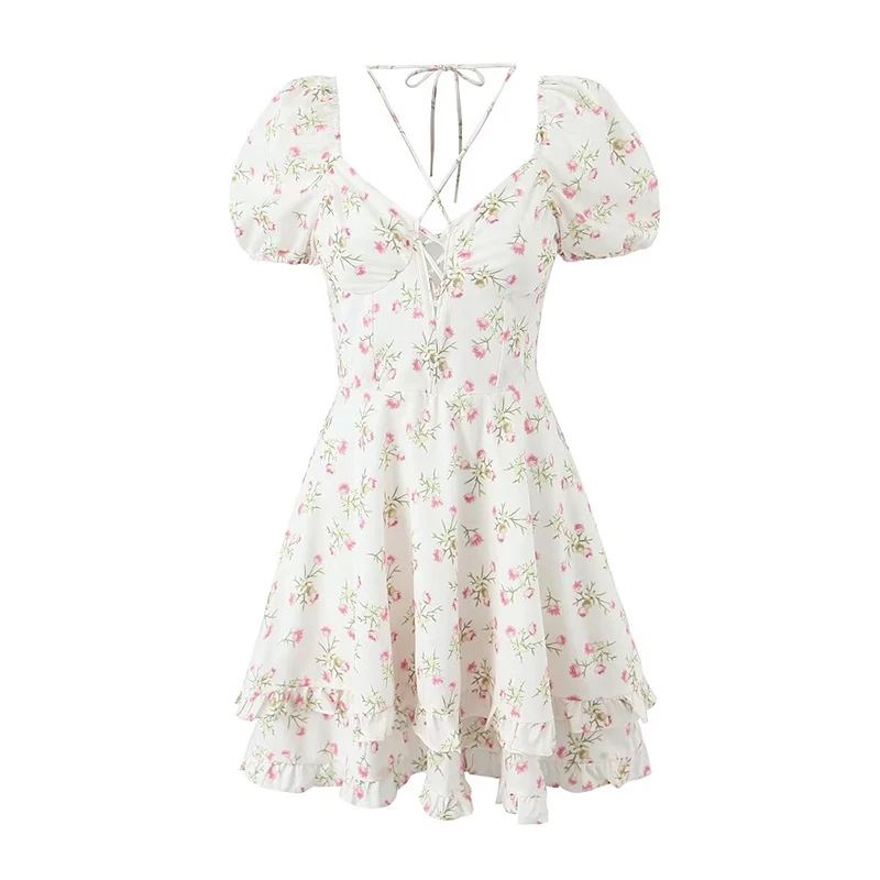 

YENKYE Holiday Summer Dress Women Sexy Cross Lace Up Halter Floral Print Mini Dress Short Lantern Sleeve Wood Ears Cake Robe