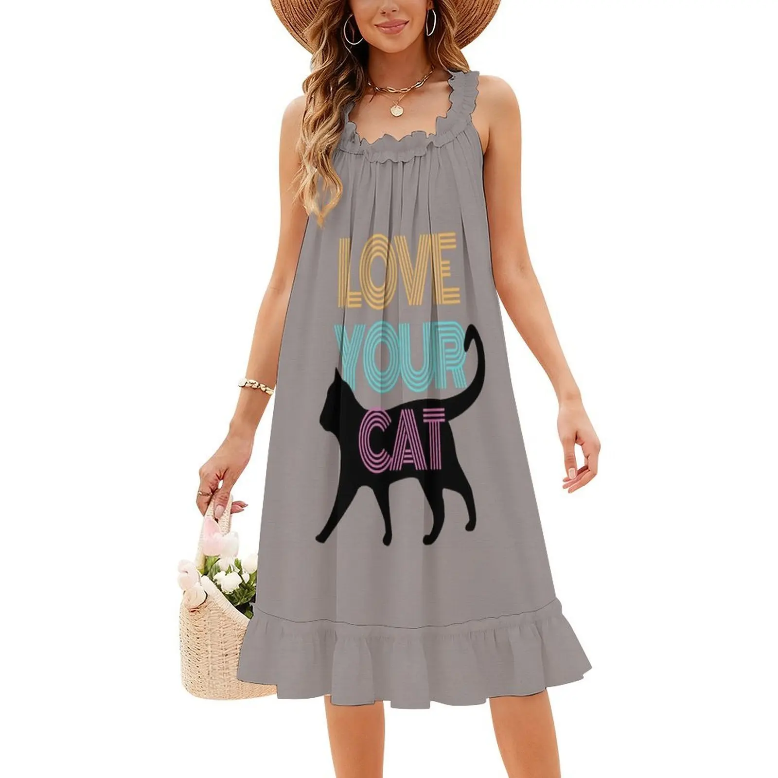 أحب قطتك البوهيمي فستان بلا أكمام متعدد المطبوعات عطلة الشاطئ فستان الحفلات الحب القط القطط القطط الرجعية فيبي الأسود الإناث